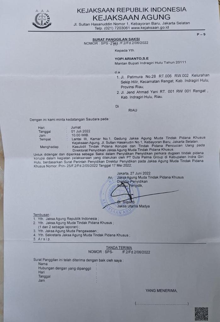 Mantan Bupati Inhu Dipanggil Kejagung Terkait Kasus Duta Palma