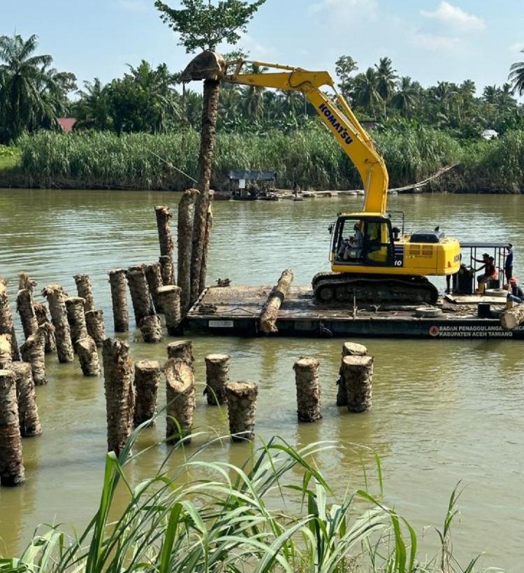 Cegah Bencana, Tebing Sungai Tamiang Dibentengi dengan Ratusan Batang Sawit